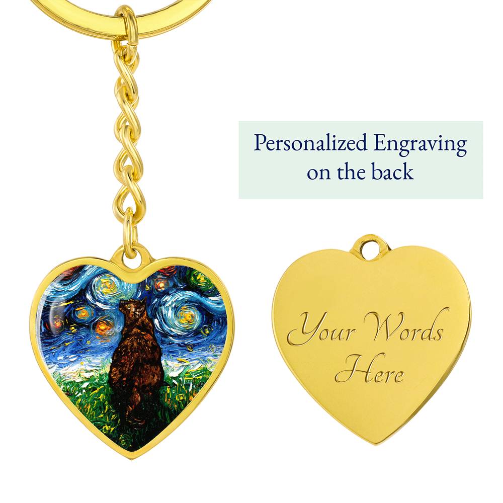 Tortoiseshell Cat Starry Night Heart Keychain
