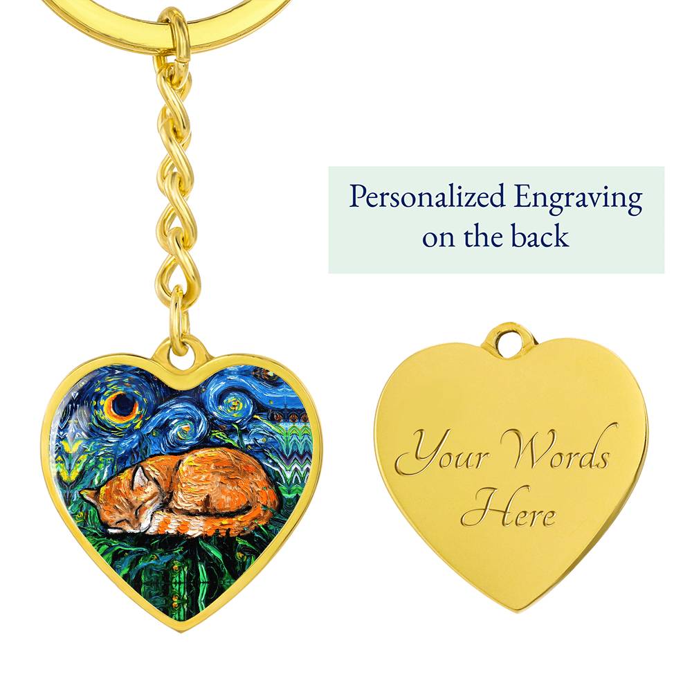 Sleeping Orange Tabby Cat Starry Night Heart Keychain