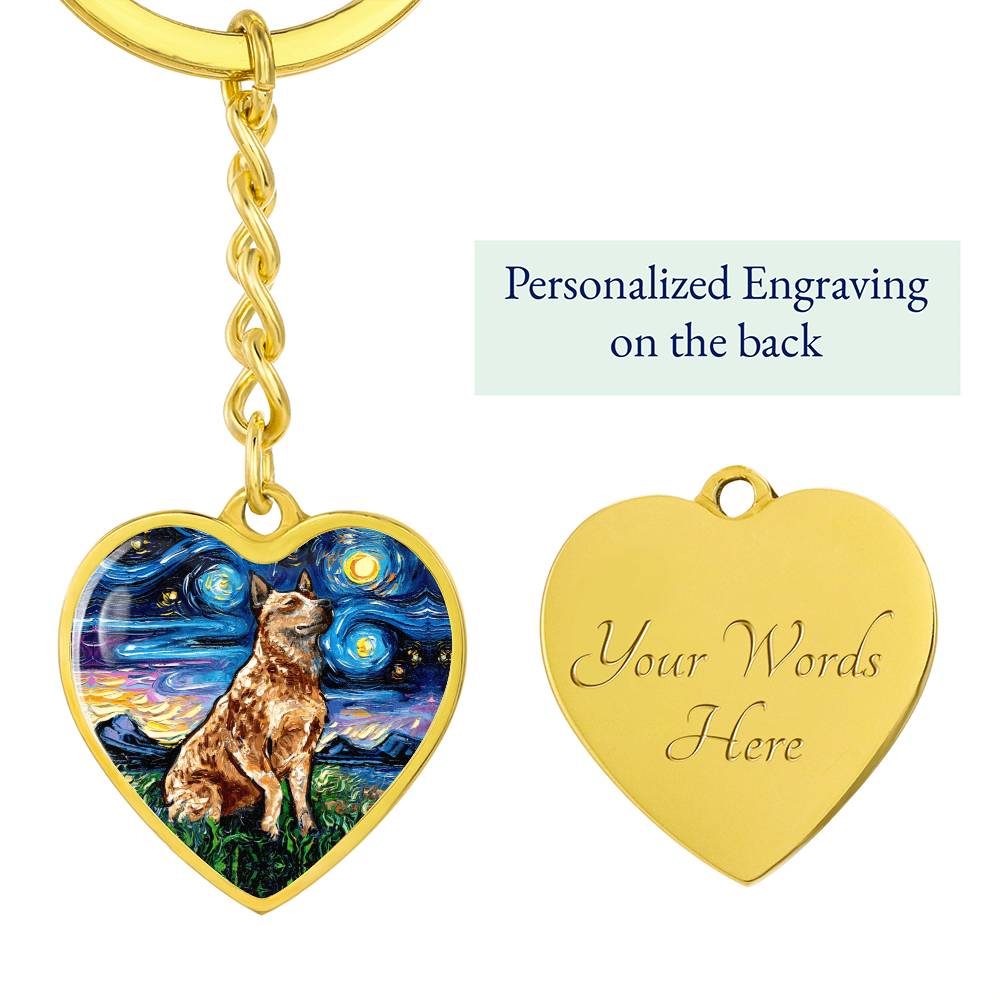 Red Heeler Starry Night Heart Keychain