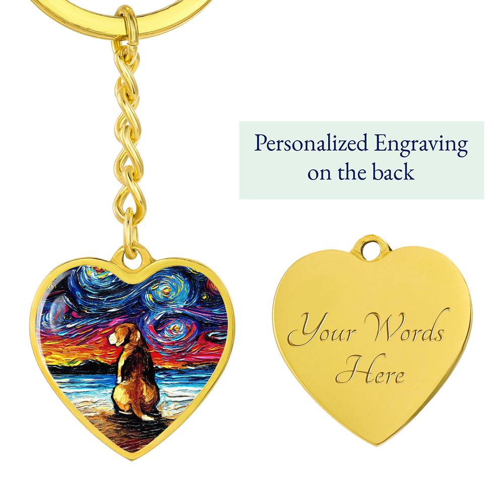 Beagle Beach Starry Night Heart Keychain