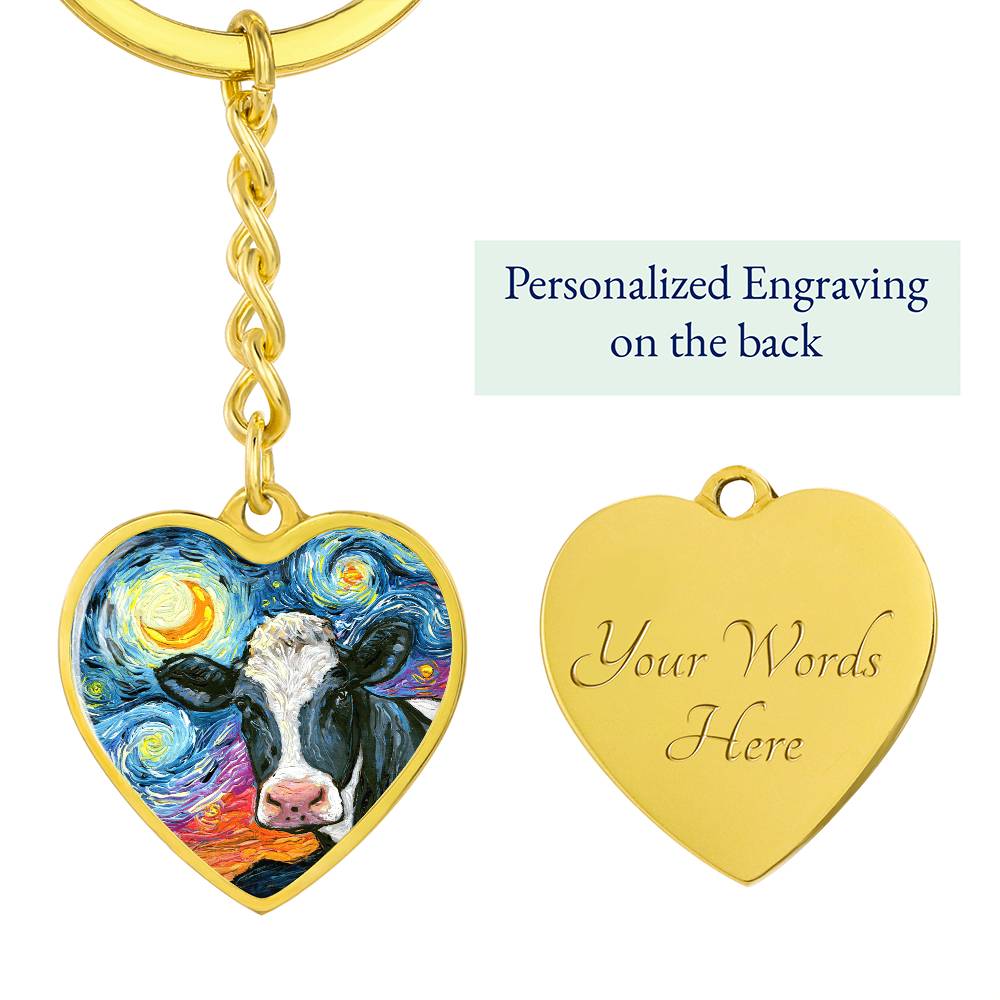 Holstein Cow Starry Night Heart Keychain