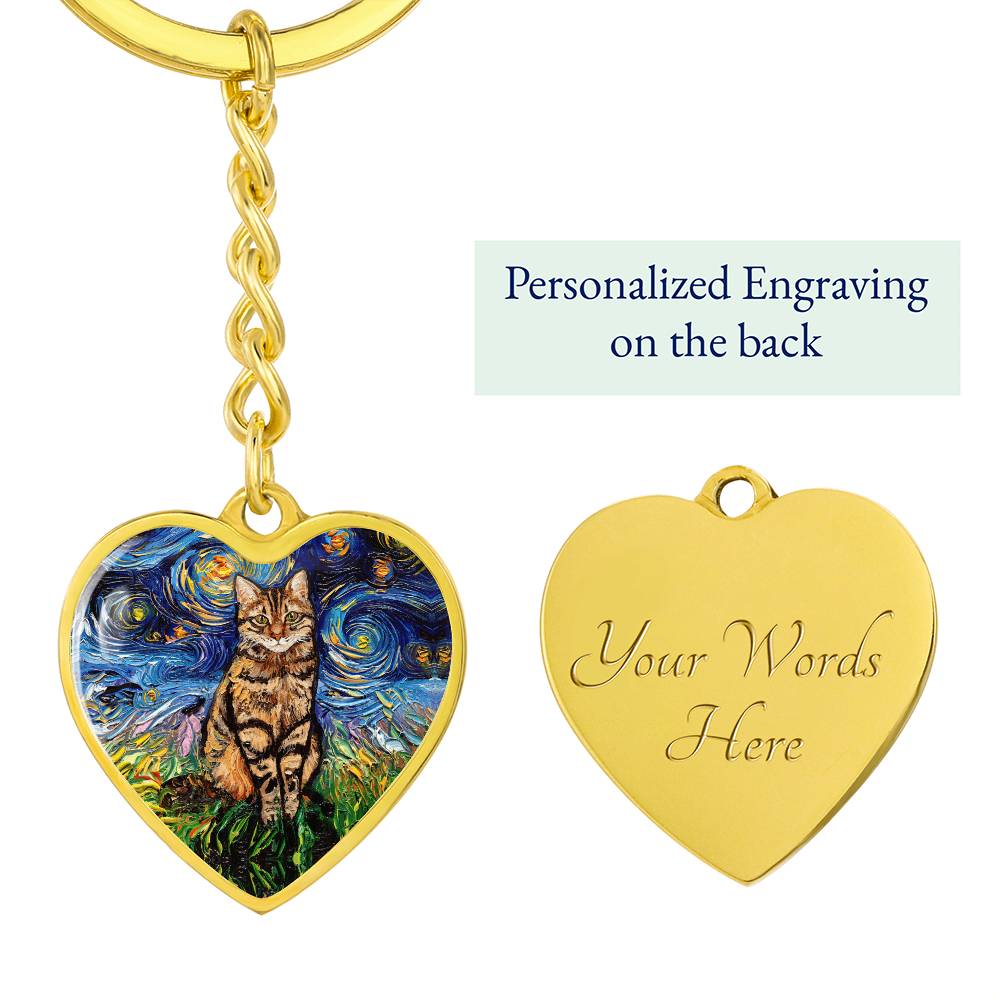 Brown Tabby Starry Night Heart Keychain