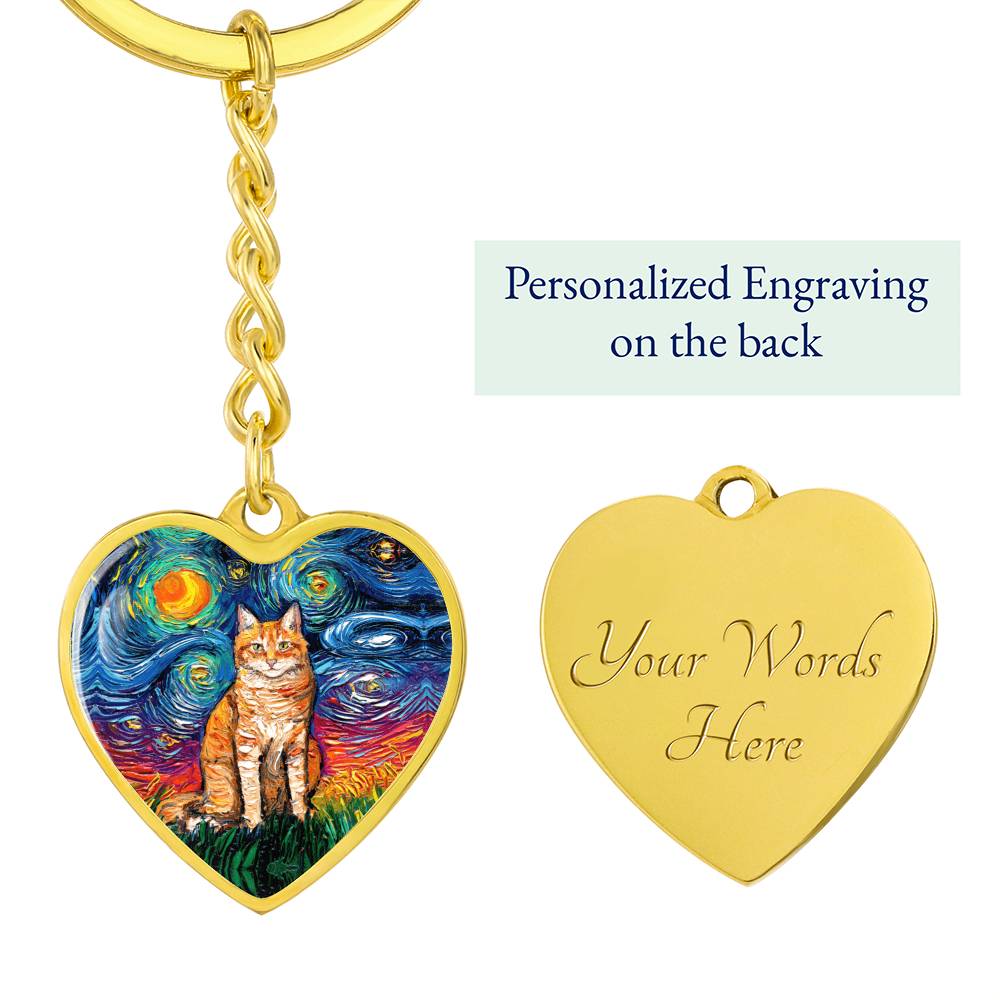 Orange Tabby Cat Starry Night Heart Keychain