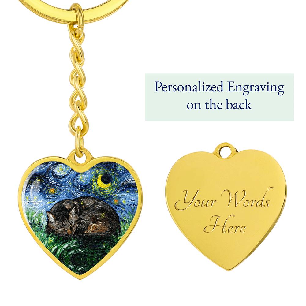 Sleeping Brown Tabby Starry Night Heart Keychain