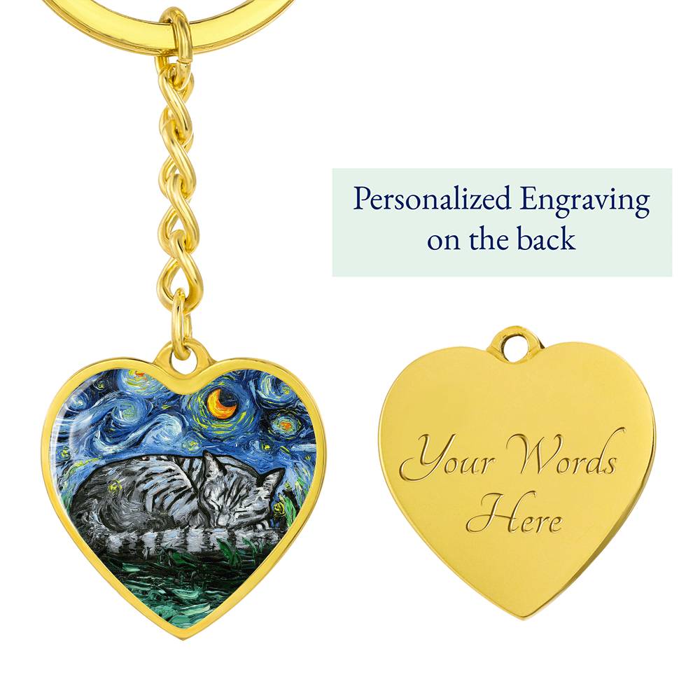 Sleeping Gray Tabby Starry Night Heart Keychain