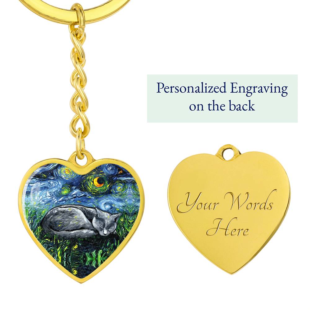 Russian Blue Cat Starry Night Heart Keychain