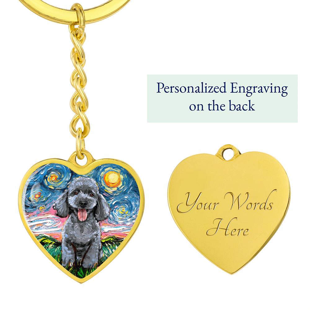 Silver Poodle Starry Night Heart Keychain