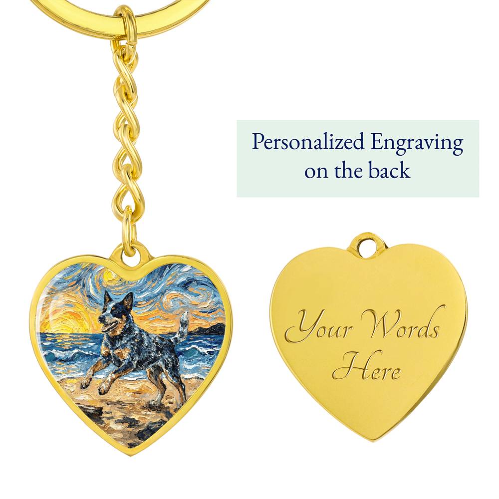 Frolicking Blue Heeler at the Beach Heart Keychain