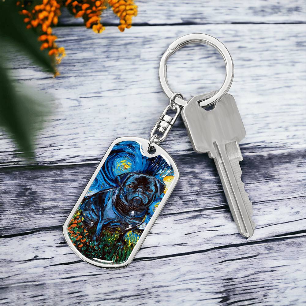 Black Pug Starry Night Dog Tag Keychain