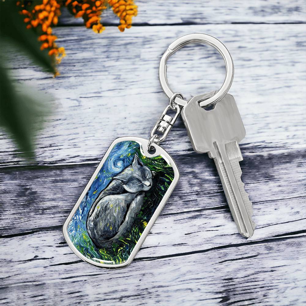 Russian Blue Cat Dog Tag Keychain