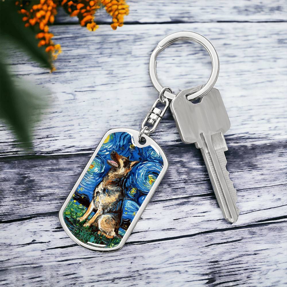 German Shepherd Starry Night Dog Tag Keychain