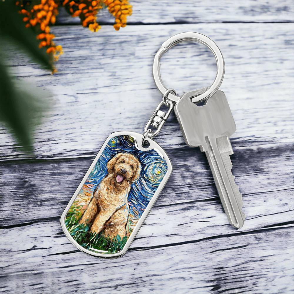 Goldendoodle Starry Night Dog Tag Keychain