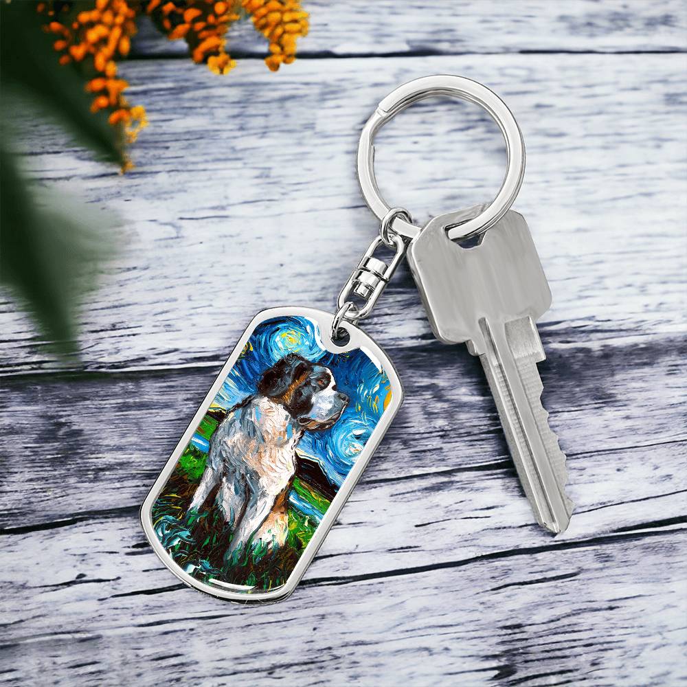 Saint Bernard Starry Night Dog Tag Keychain