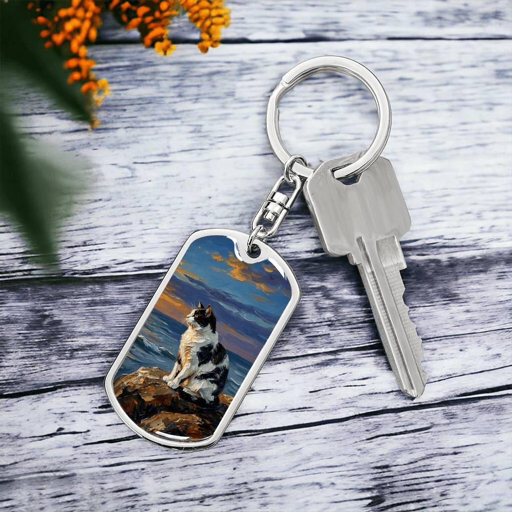 Beach Days - Black and White Magpie Cat Dog Tag Keychain