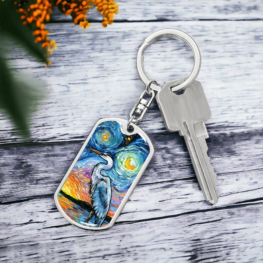 Blue Heron Starry Night Dog Tag Keychain