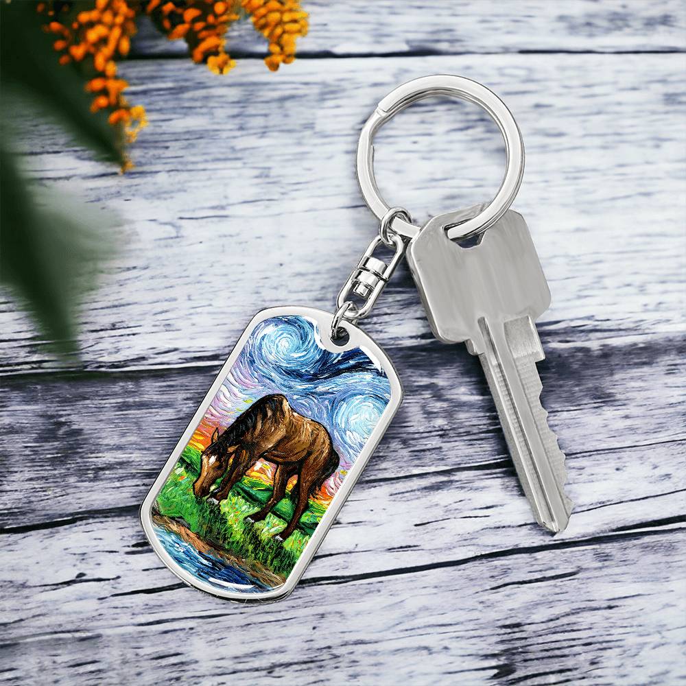 Horse in Meadow Starry Night Dog Tag Keychain