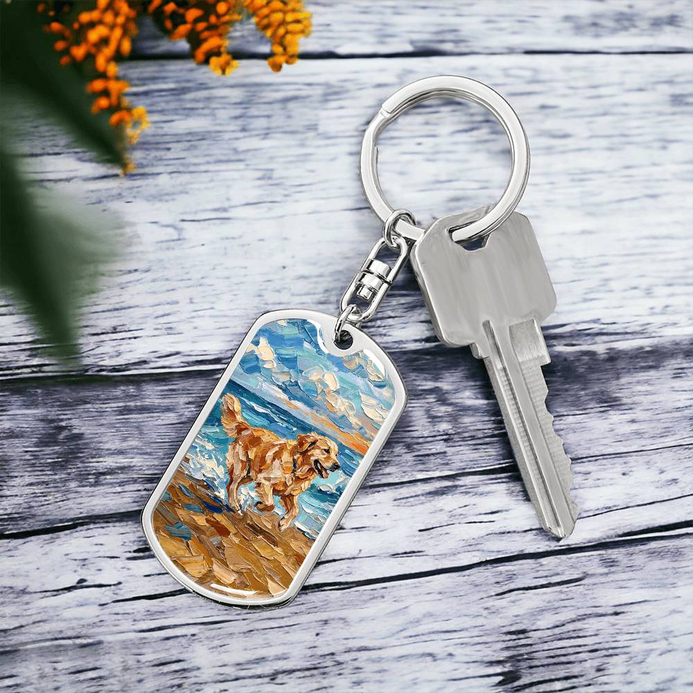 Frolicking Golden Retriever Dog Tag Keychain