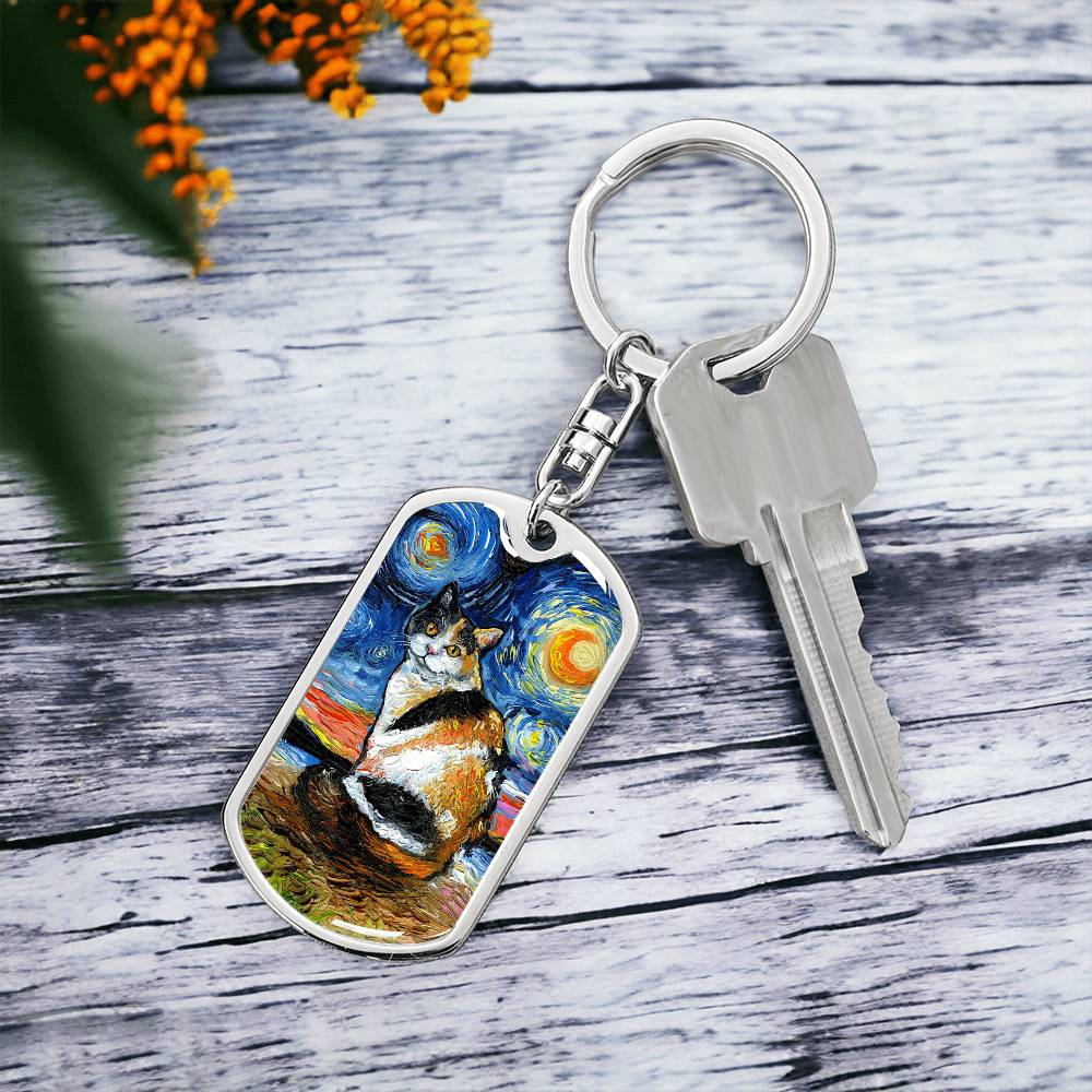 Calico Starry Night Dog Tag Keychain