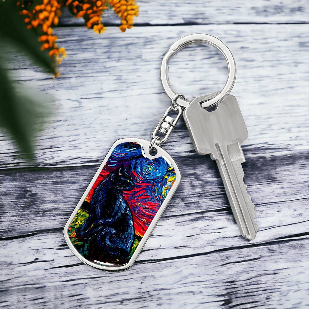 Black Cat Starry Night Dog Tag Keychain