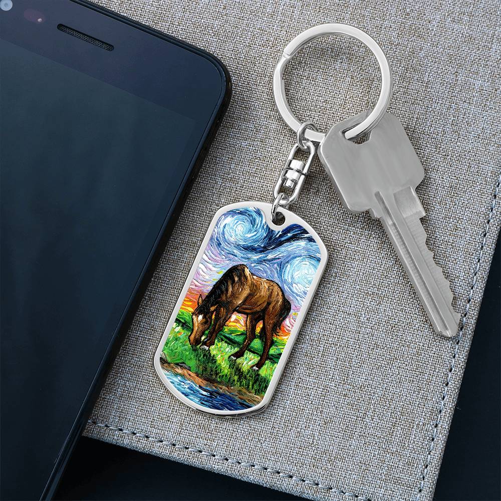 Horse in Meadow Starry Night Dog Tag Keychain