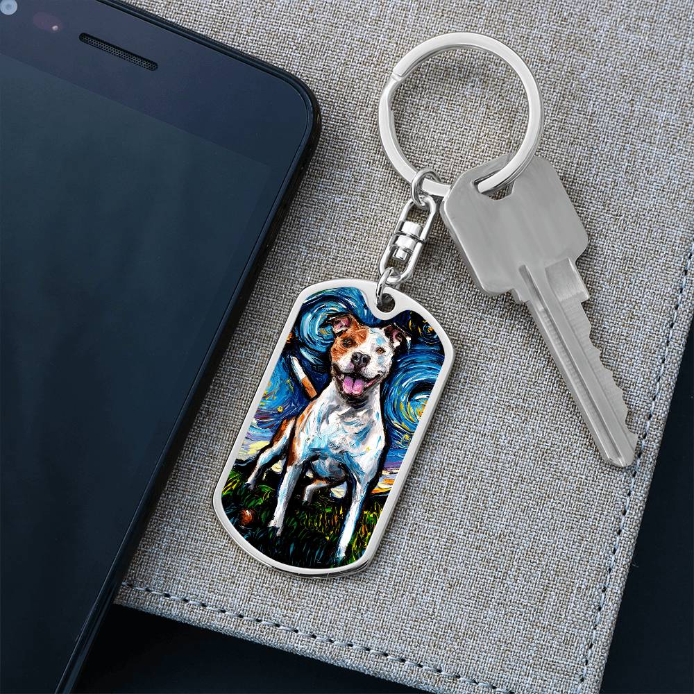 Happy Pitbull Starry Night Dog Tag Keychain
