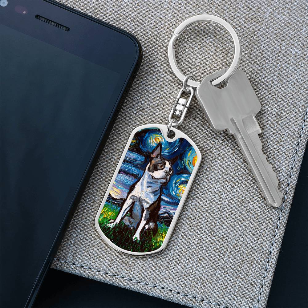 Boston Terrier starry Night Dog Tag Keychain
