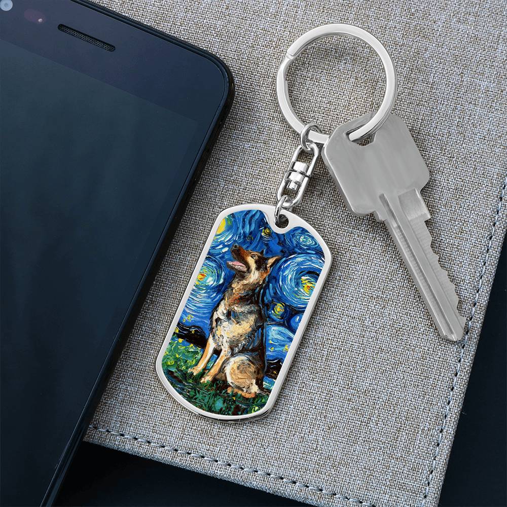 German Shepherd Starry Night Dog Tag Keychain