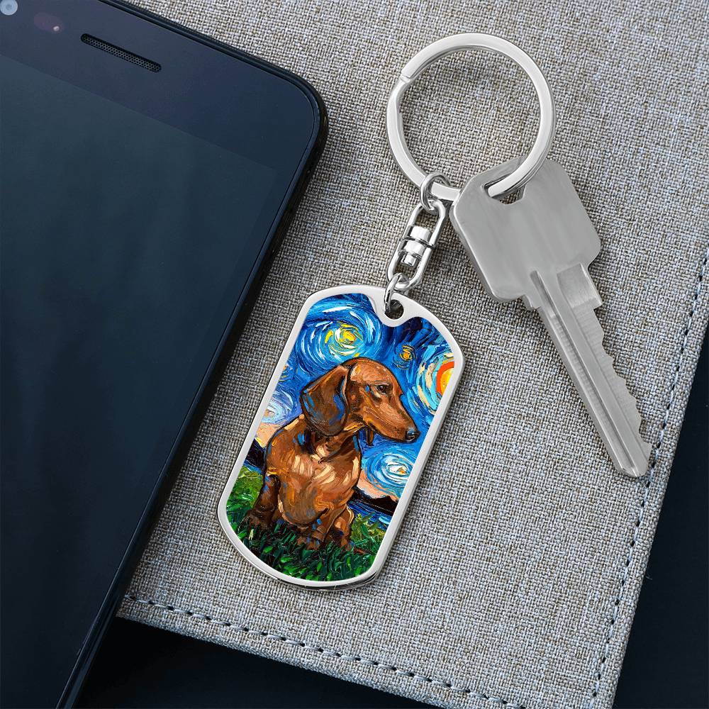 Brown Dachshund Starry Night Dog Tag Keychain