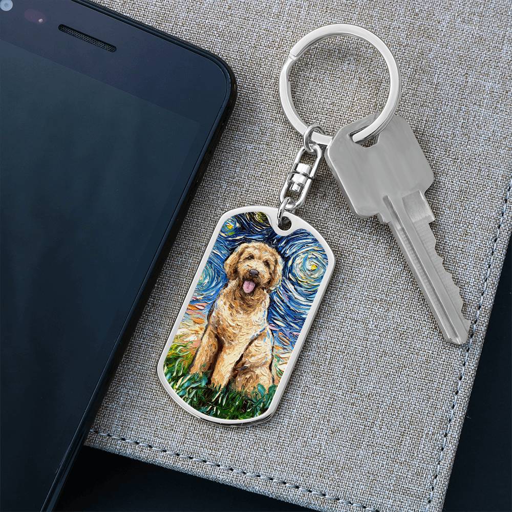 Goldendoodle Starry Night Dog Tag Keychain