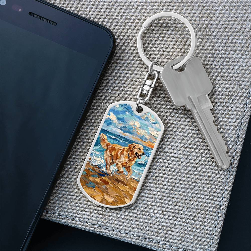 Frolicking Golden Retriever Dog Tag Keychain
