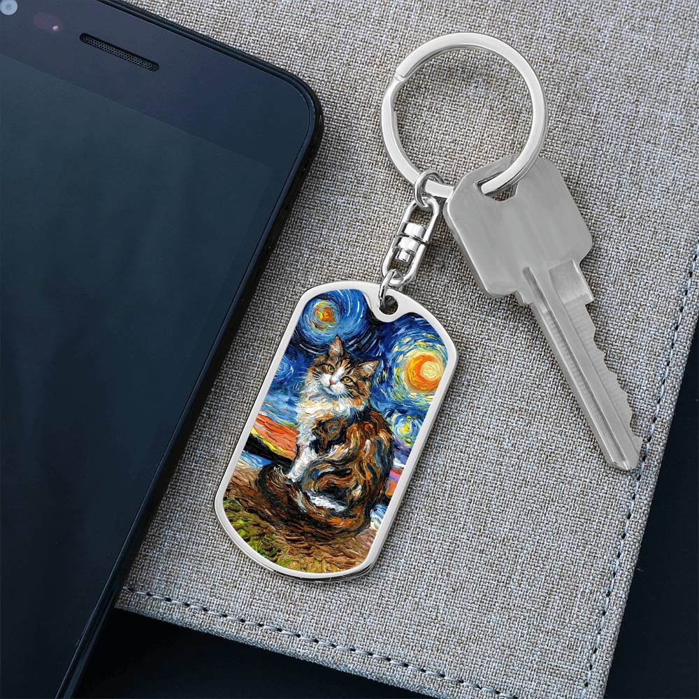 Calico Cat 2 Starry Night Dog Tag Keychain