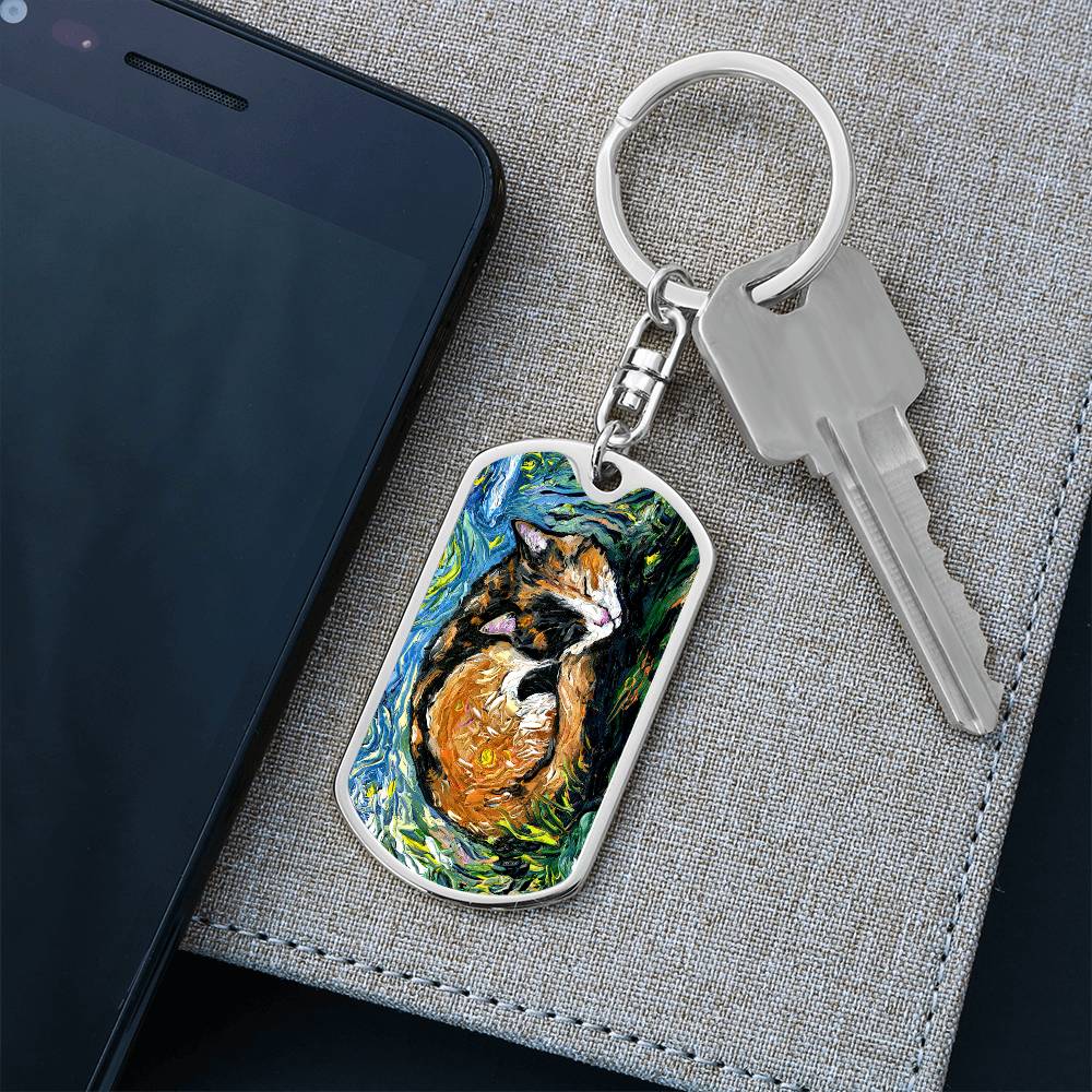 Sleeping Calico Dog Tag Keychain
