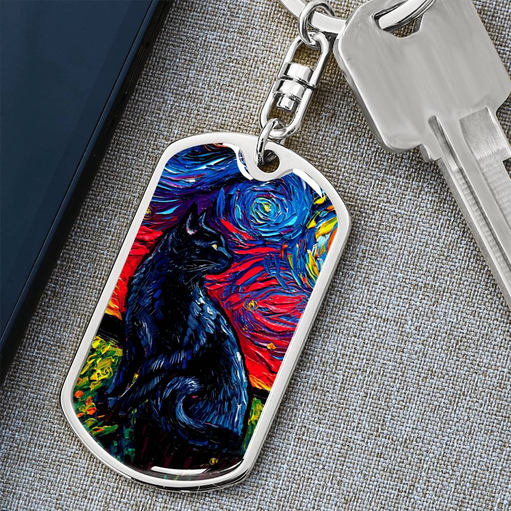 Black Cat Starry Night Dog Tag Keychain