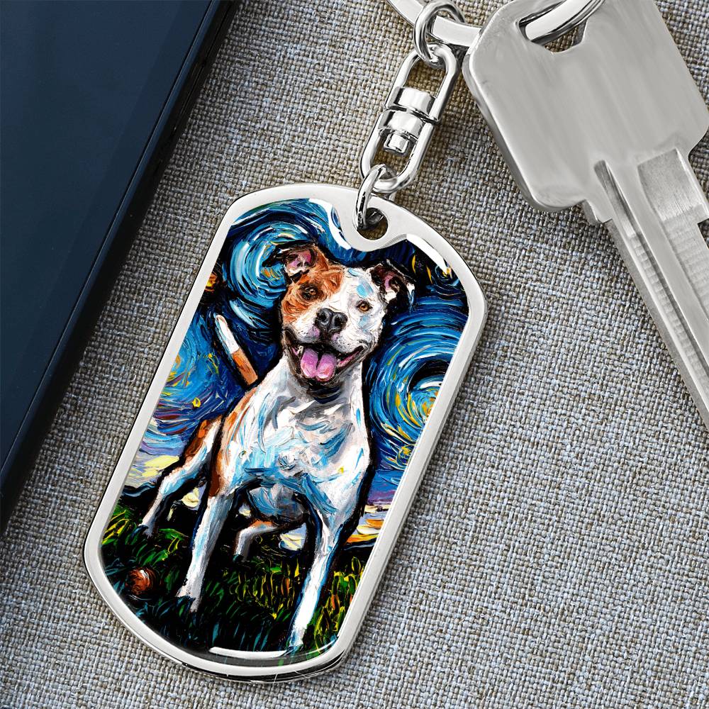 Happy Pitbull Starry Night Dog Tag Keychain