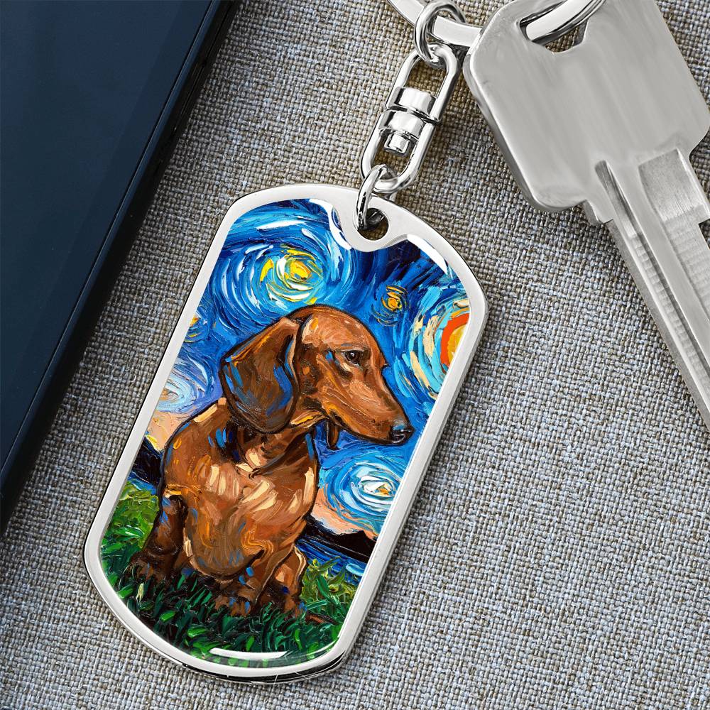 Brown Dachshund Starry Night Dog Tag Keychain