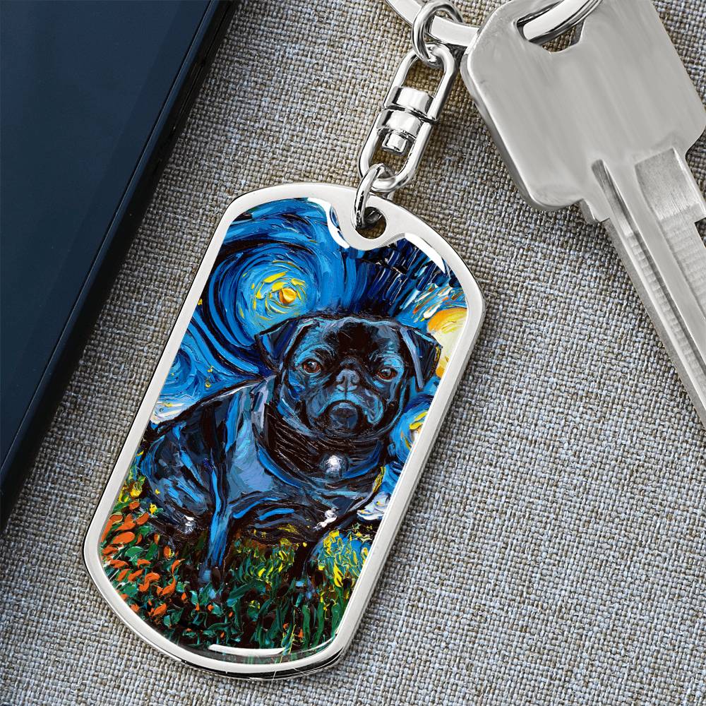 Black Pug Starry Night Dog Tag Keychain