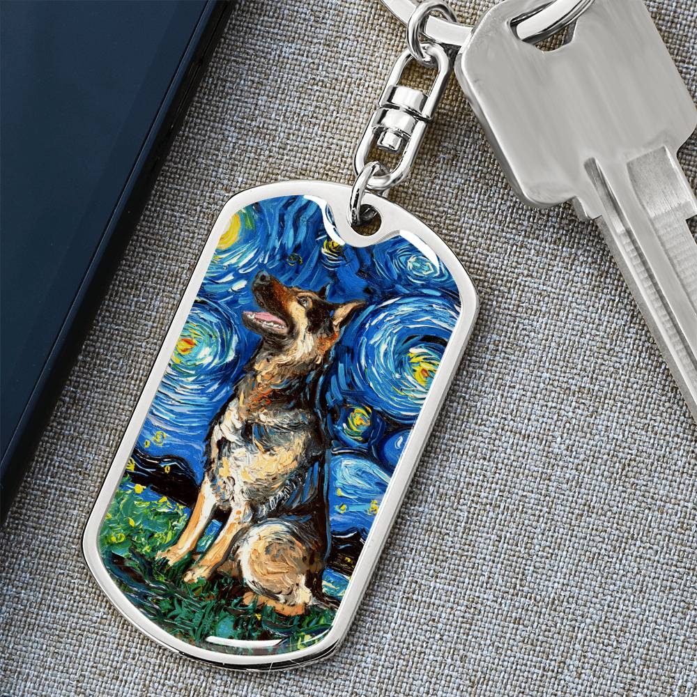 German Shepherd Starry Night Dog Tag Keychain
