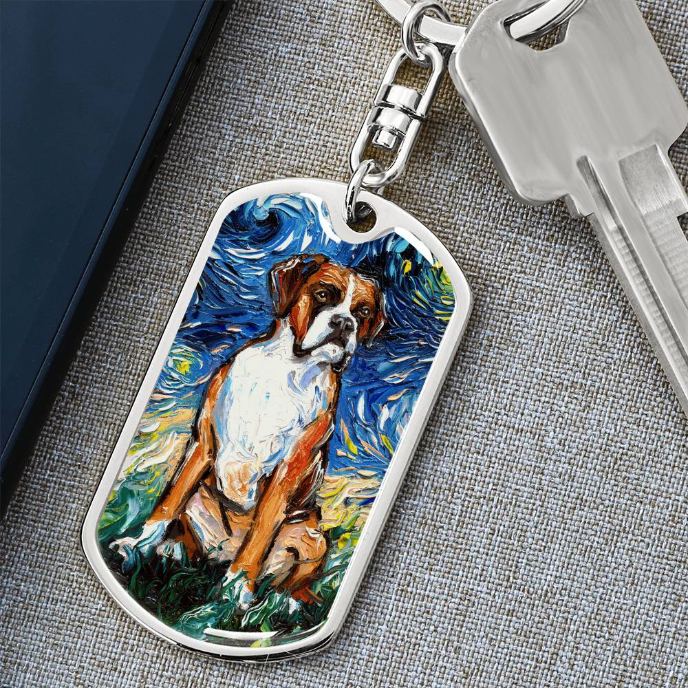Boxer Starry Night Dog Tag Keychain