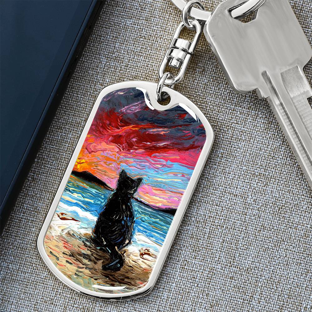 Beach Days - Black Cat Starry Night Dog Tag Keychain