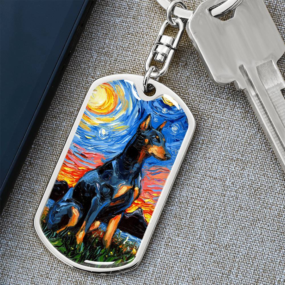Doberman Starry Night Dog Tag Keychain