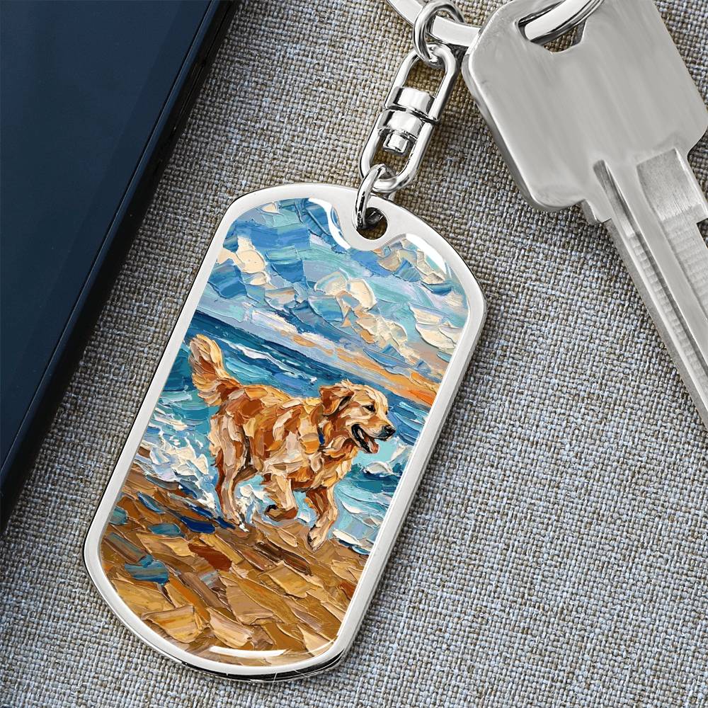 Frolicking Golden Retriever Dog Tag Keychain