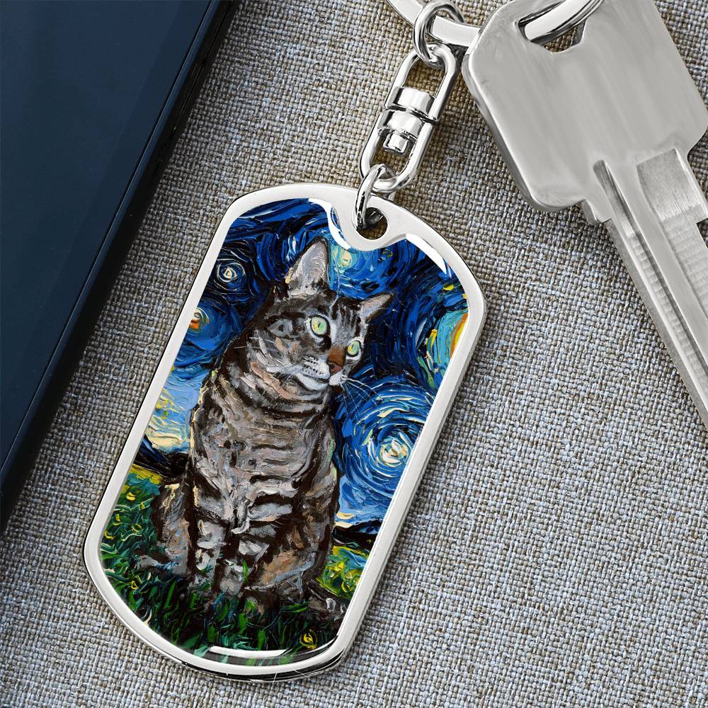 Tabby Cat Starry Night Dog Tag Keychain