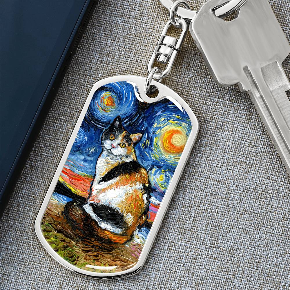 Calico Starry Night Dog Tag Keychain