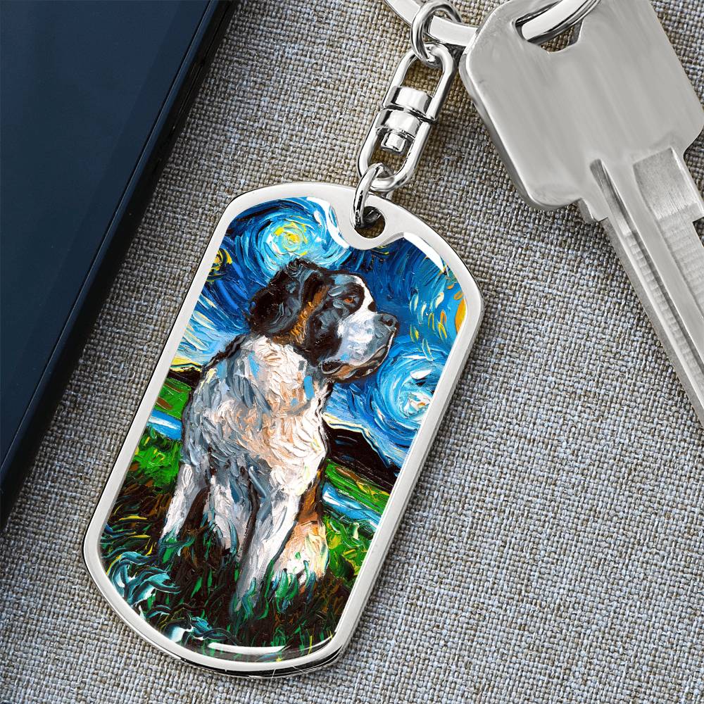 Saint Bernard Starry Night Dog Tag Keychain