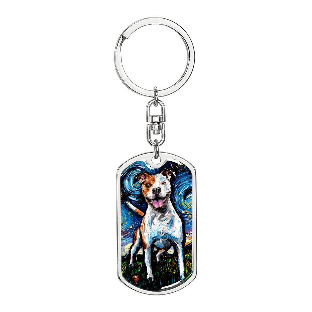 Happy Pitbull Starry Night Dog Tag Keychain