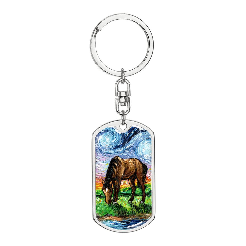 Horse in Meadow Starry Night Dog Tag Keychain