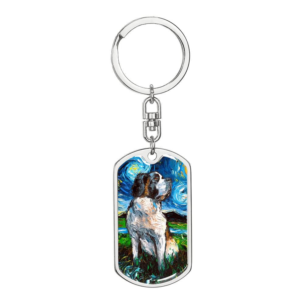 Saint Bernard Starry Night Dog Tag Keychain