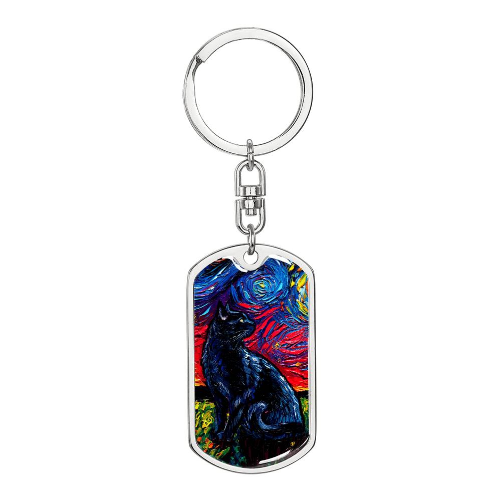 Black Cat Starry Night Dog Tag Keychain