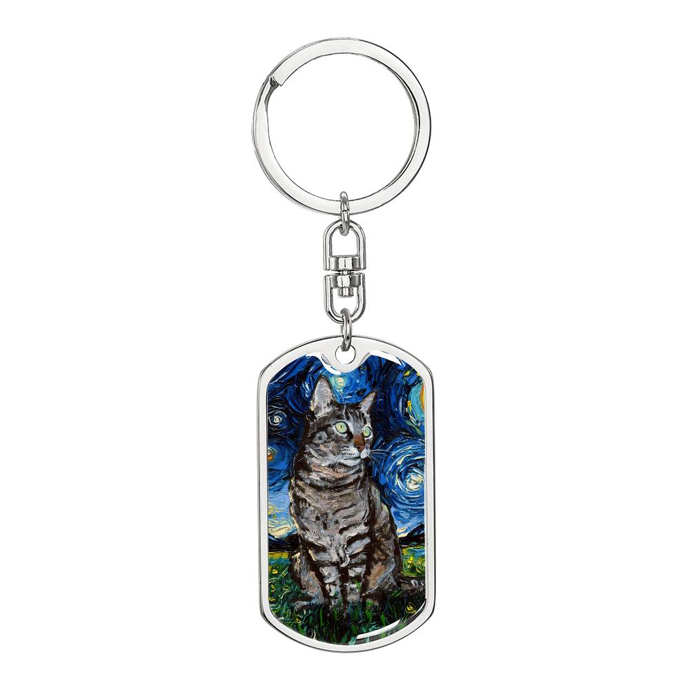 Tabby Cat Starry Night Dog Tag Keychain