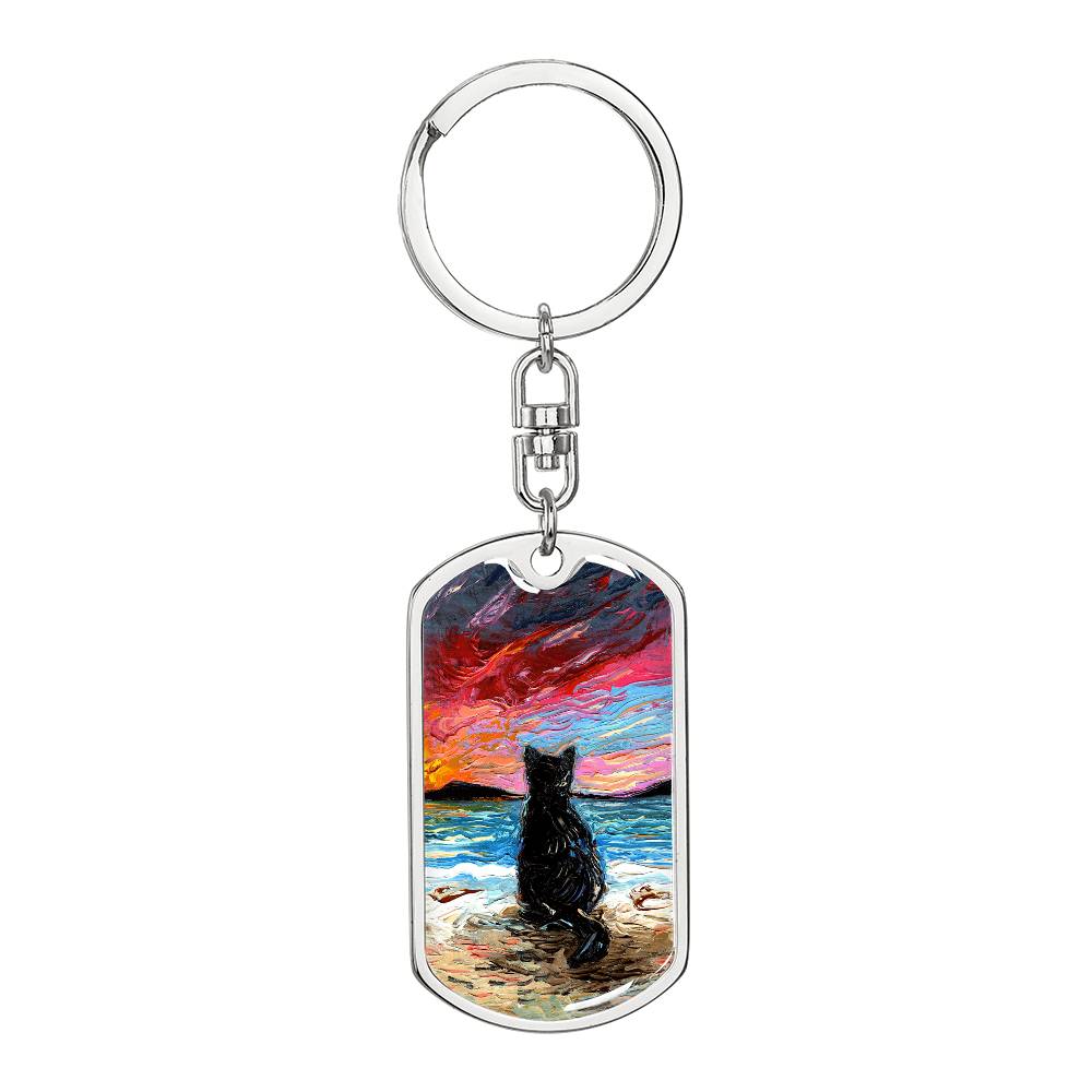Beach Days - Black Cat Starry Night Dog Tag Keychain